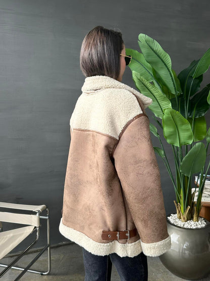 Deri Biyeli Kürk Ceket CAMEL