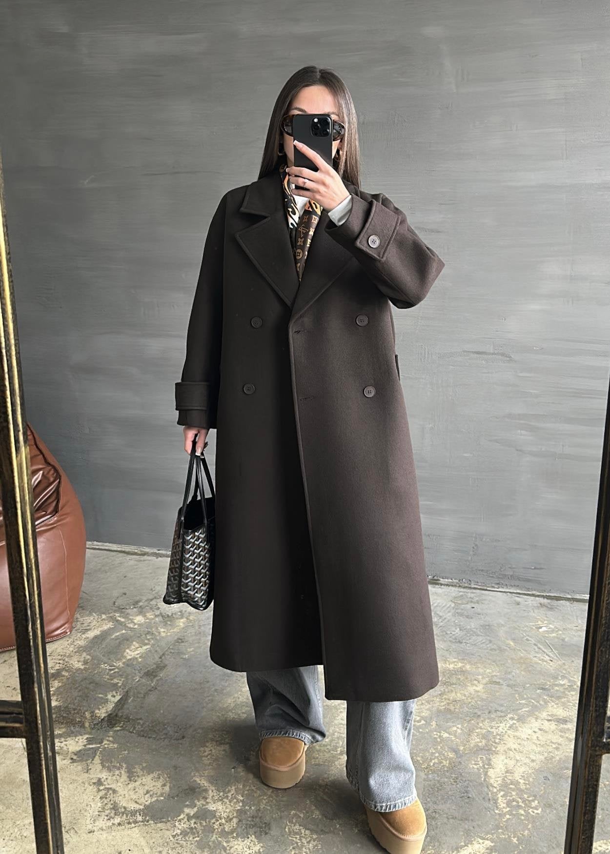 Kelebek Yakalı Kaşe Kaban ACI KAHVE