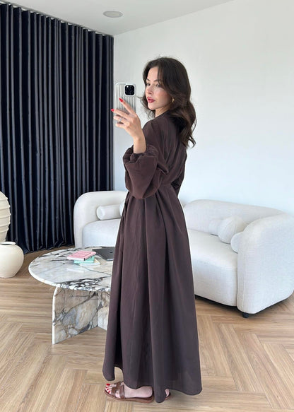 Nervürlü Pamuk Vual Elbise ACI KAHVE