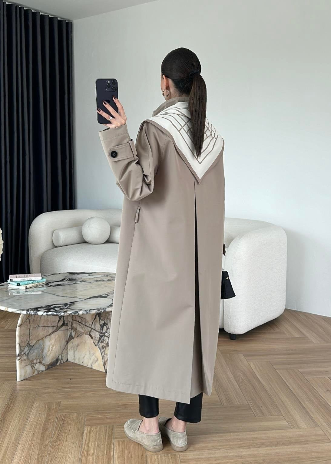 Fularlı Uzun Trençkot TAŞ