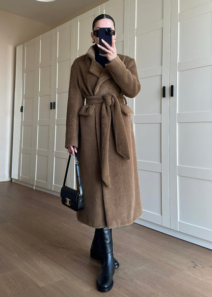 Alpaka Uzun Palto KAHVERENGİ