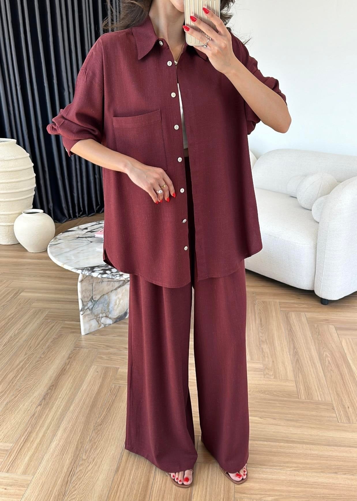 Sedef Düğmeli Uzun Keten Takım Bordo