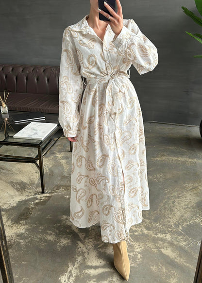 Gold İşlemeli Keten Elbise EKRU