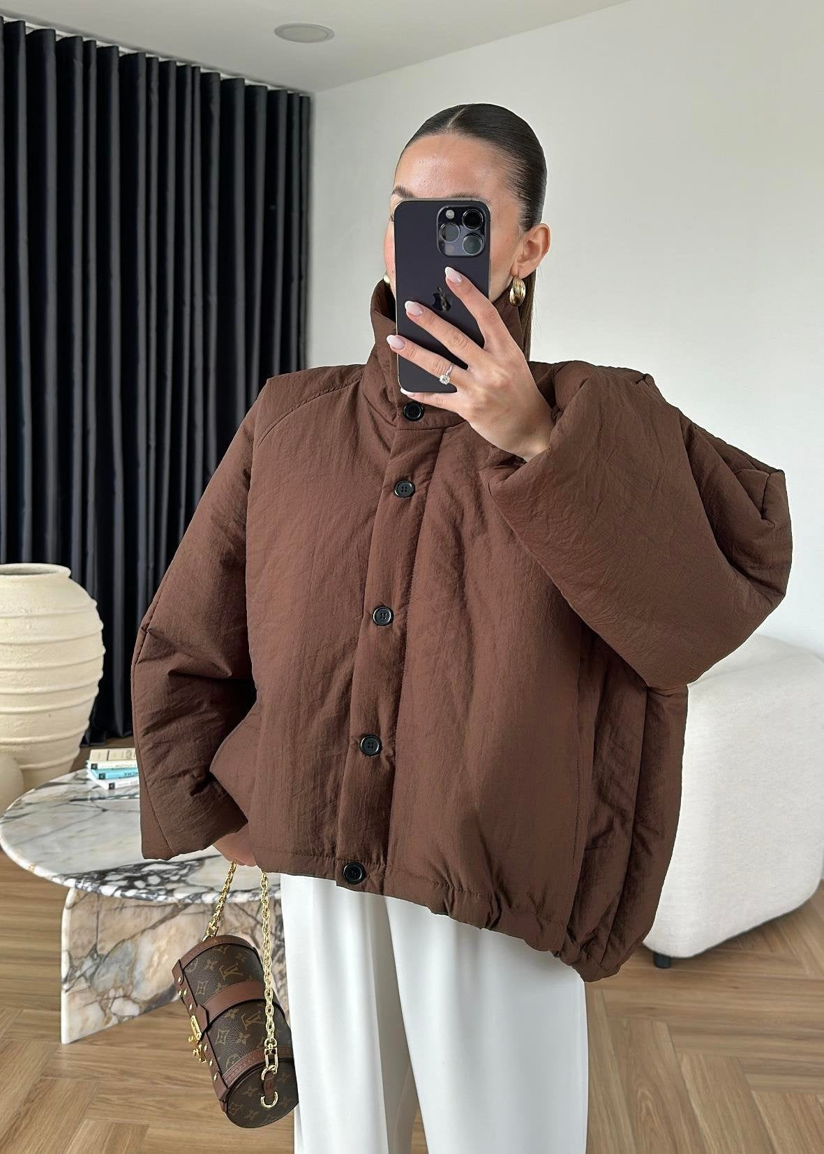 Dik Yakalı Arkası Uzun Mont KAHVE