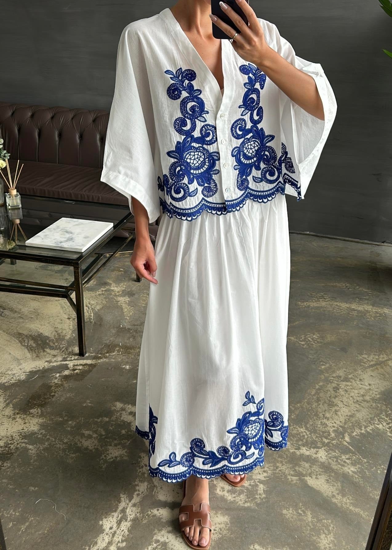 Fakir Kol Nakışlı Etekli Takım BEYAZ