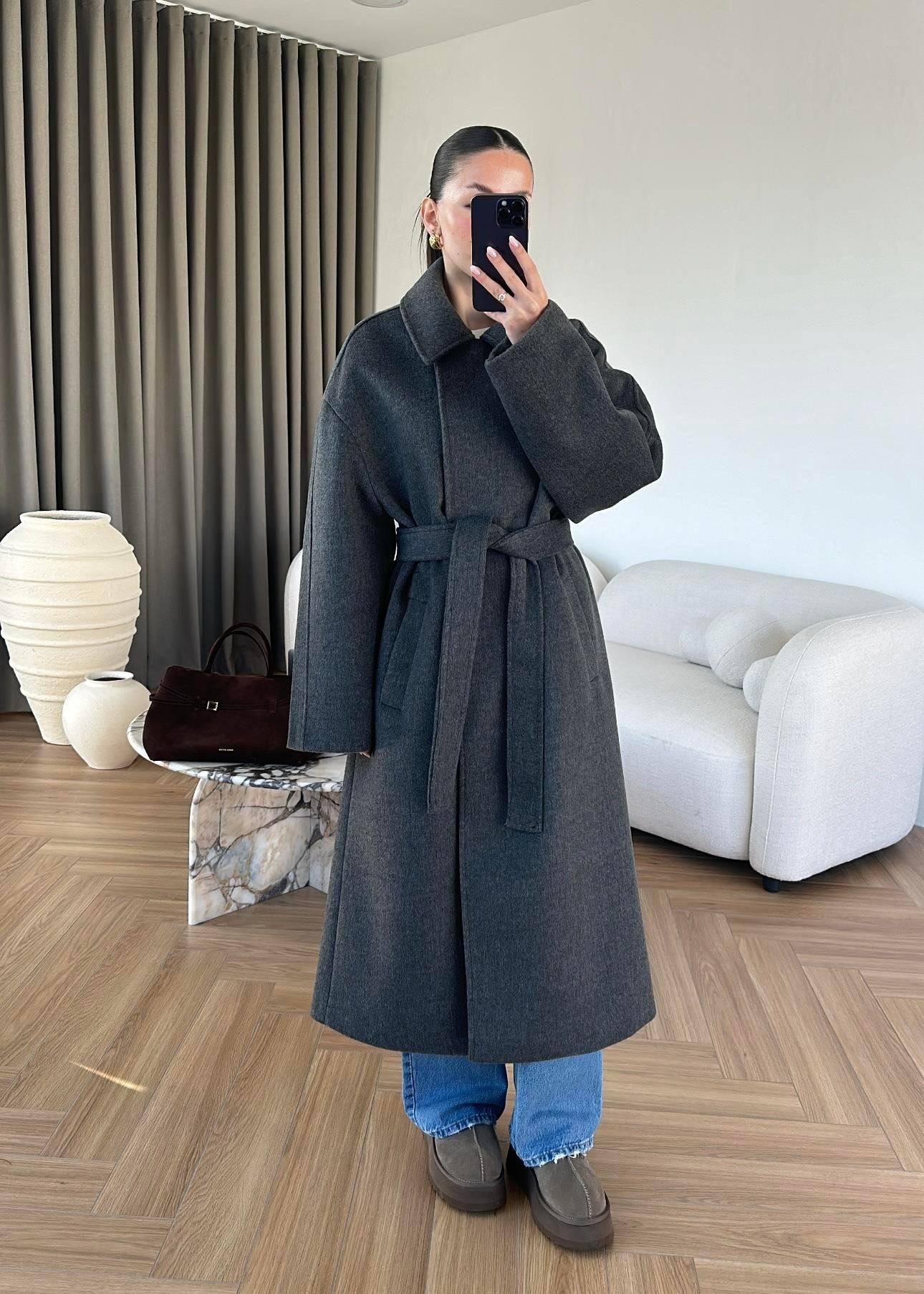 Gömlek Yakalı Kuşaklı Kaban ANTRASİT