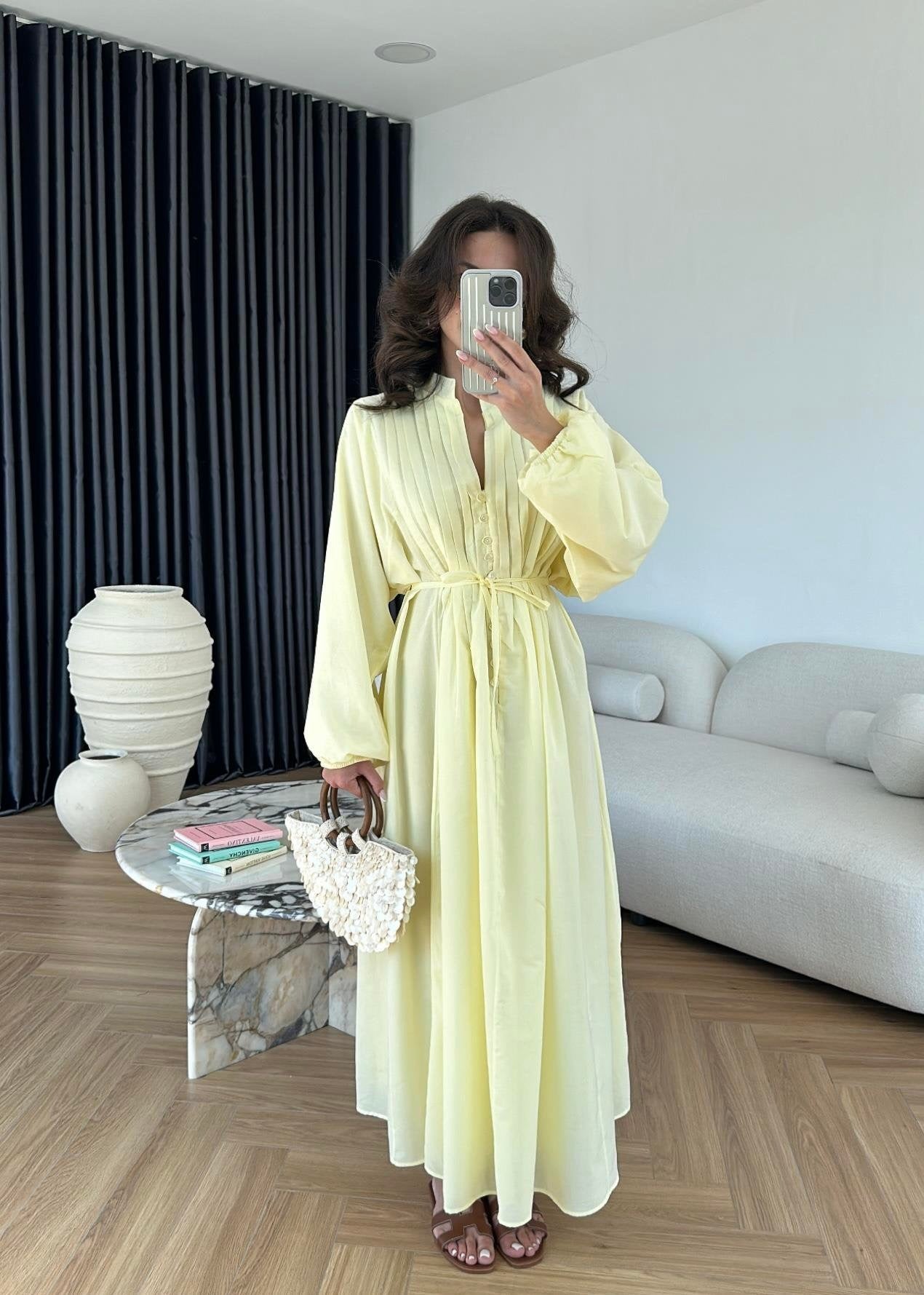 Nervürlü Pamuk Vual Elbise SARI