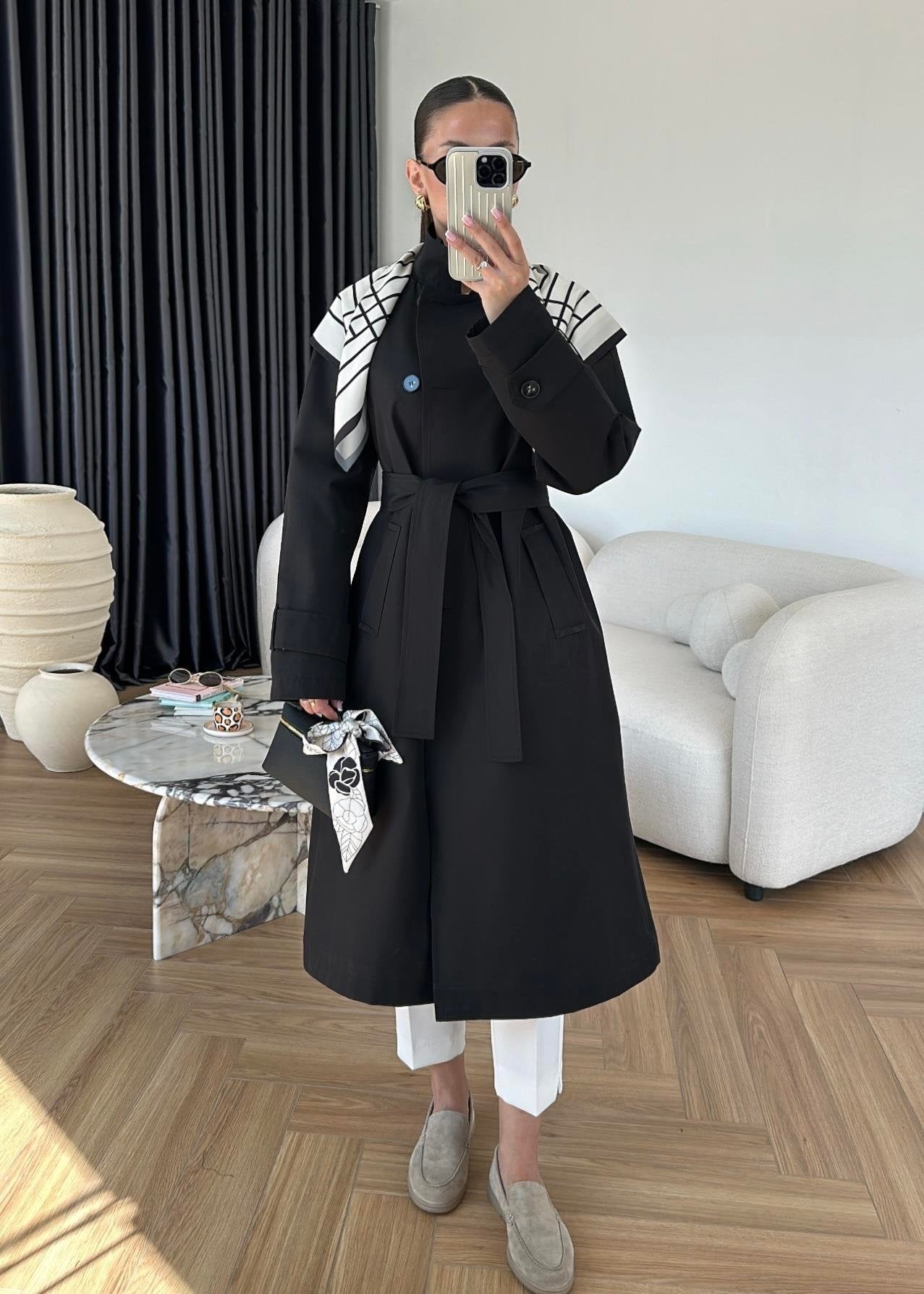 Fularlı Uzun Trençkot SİYAH