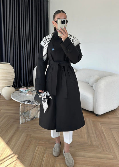Fularlı Uzun Trençkot SİYAH