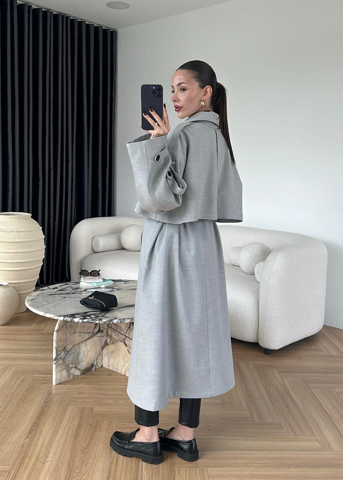 Omuzu Uzun Apoletli Trençkot AÇIK GRİ