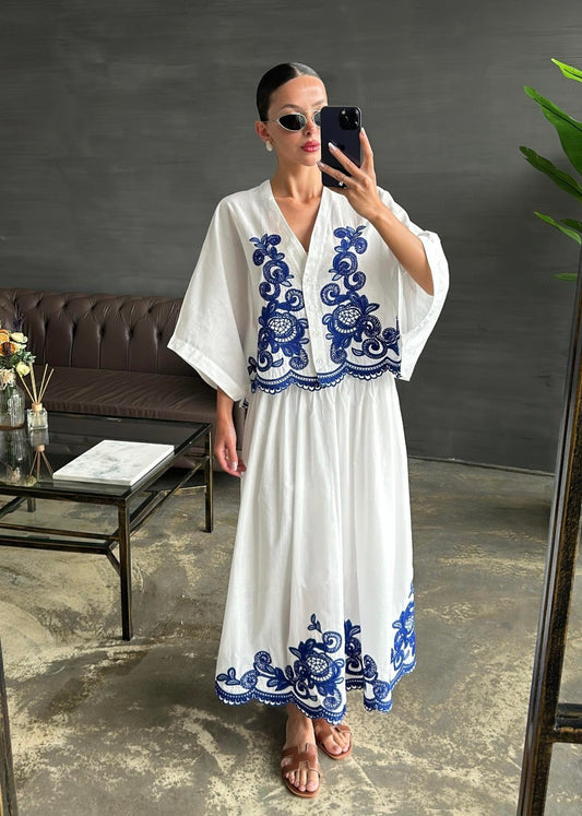 Fakir Kol Nakışlı Etekli Takım BEYAZ