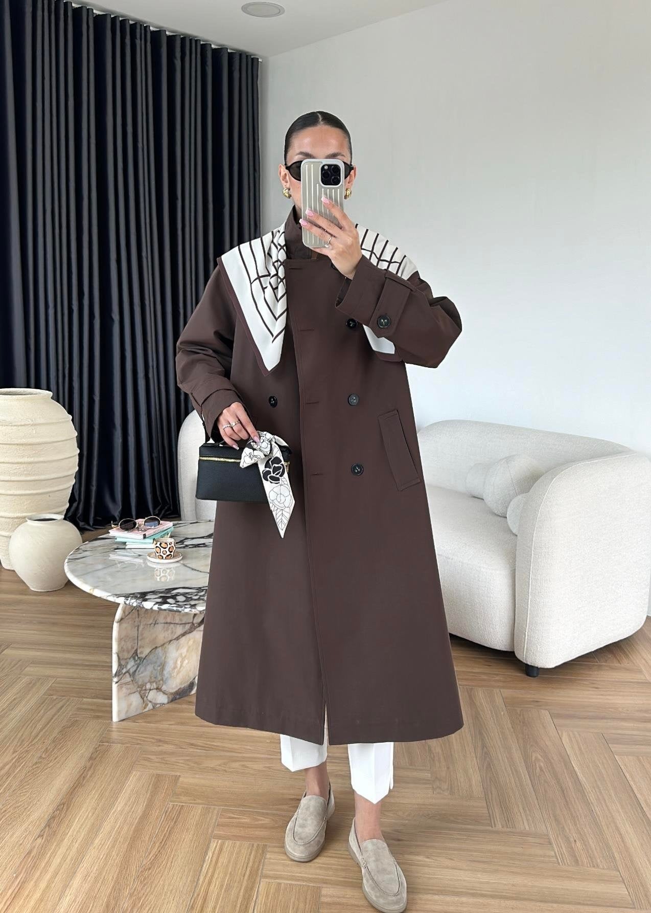 Fularlı Uzun Trençkot ACI KAHVE