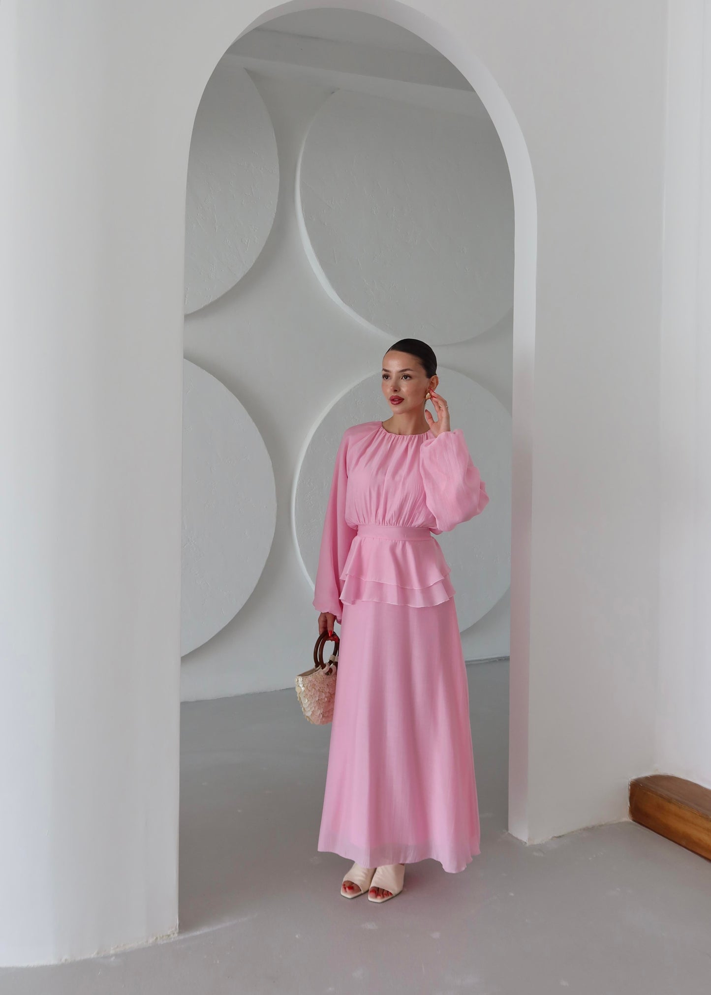 Beli Volanlı Elbise PEMBE