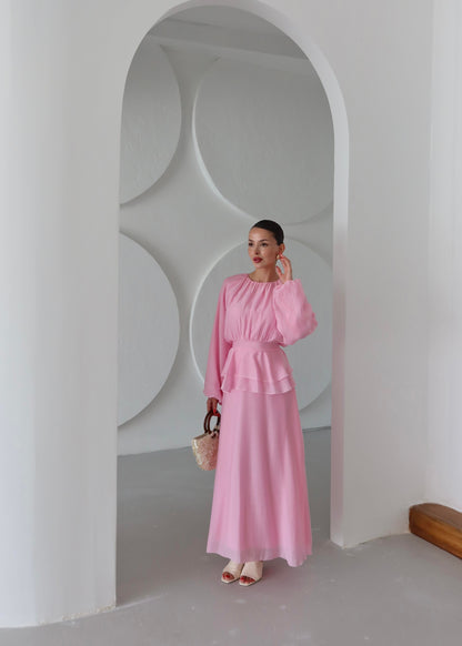 Beli Volanlı Elbise PEMBE