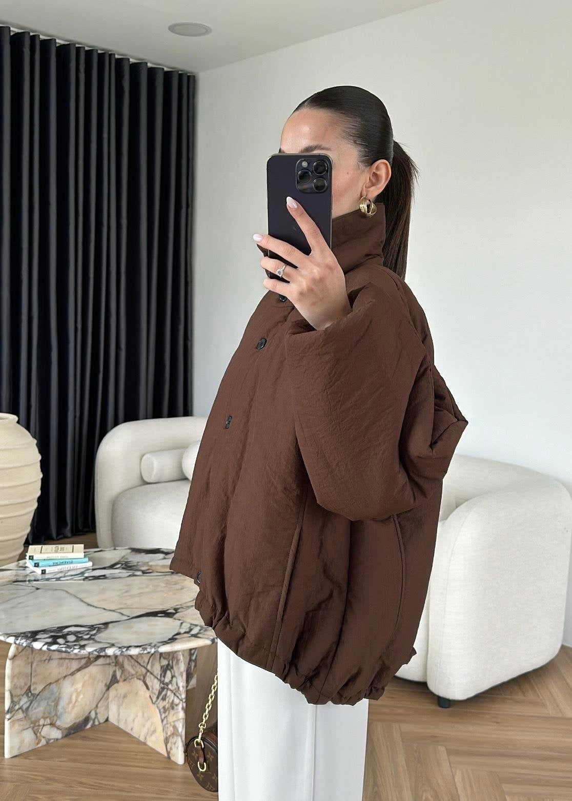 Dik Yakalı Arkası Uzun Mont KAHVE