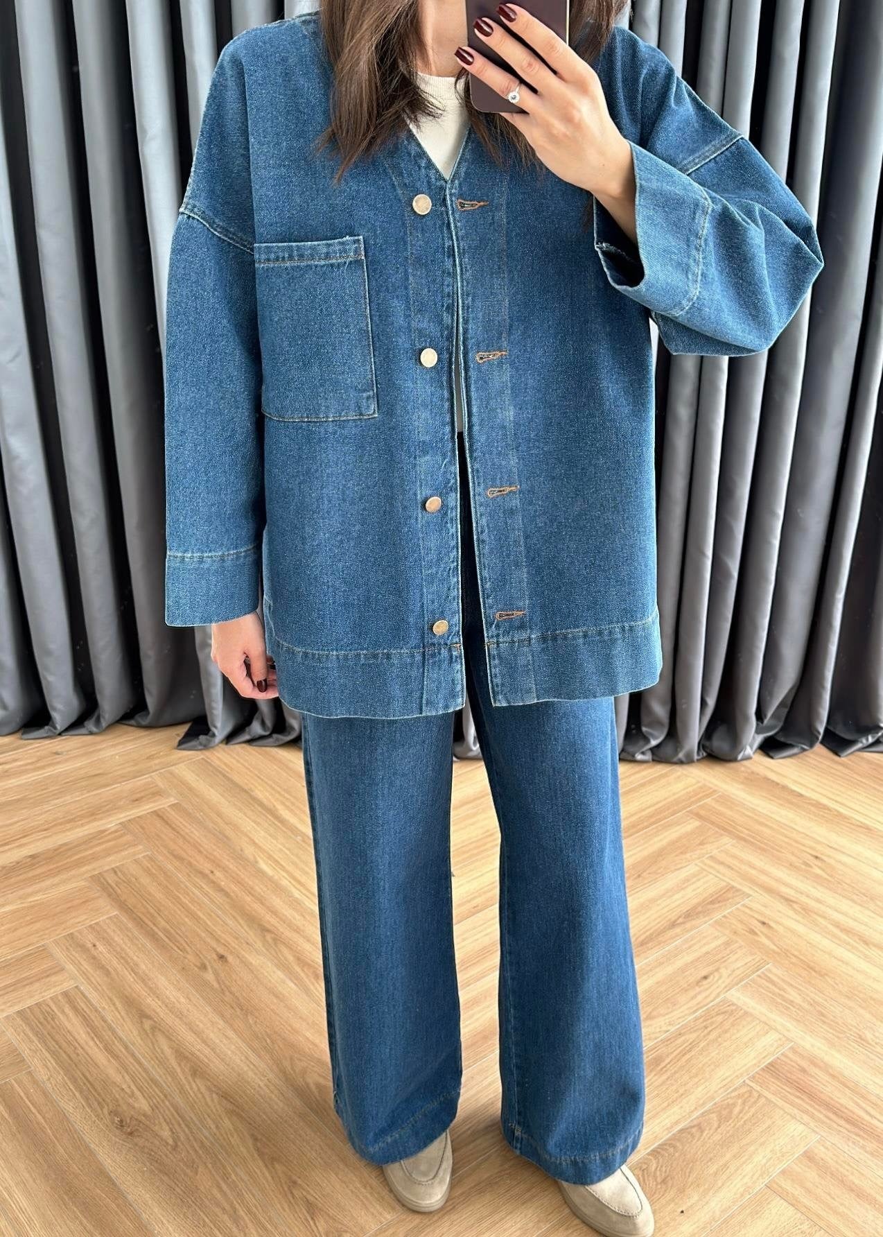 V Yakalı Denim Takım KOYU MAVİ