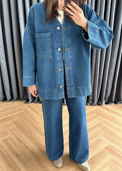 V Yakalı Denim Takım KOYU MAVİ