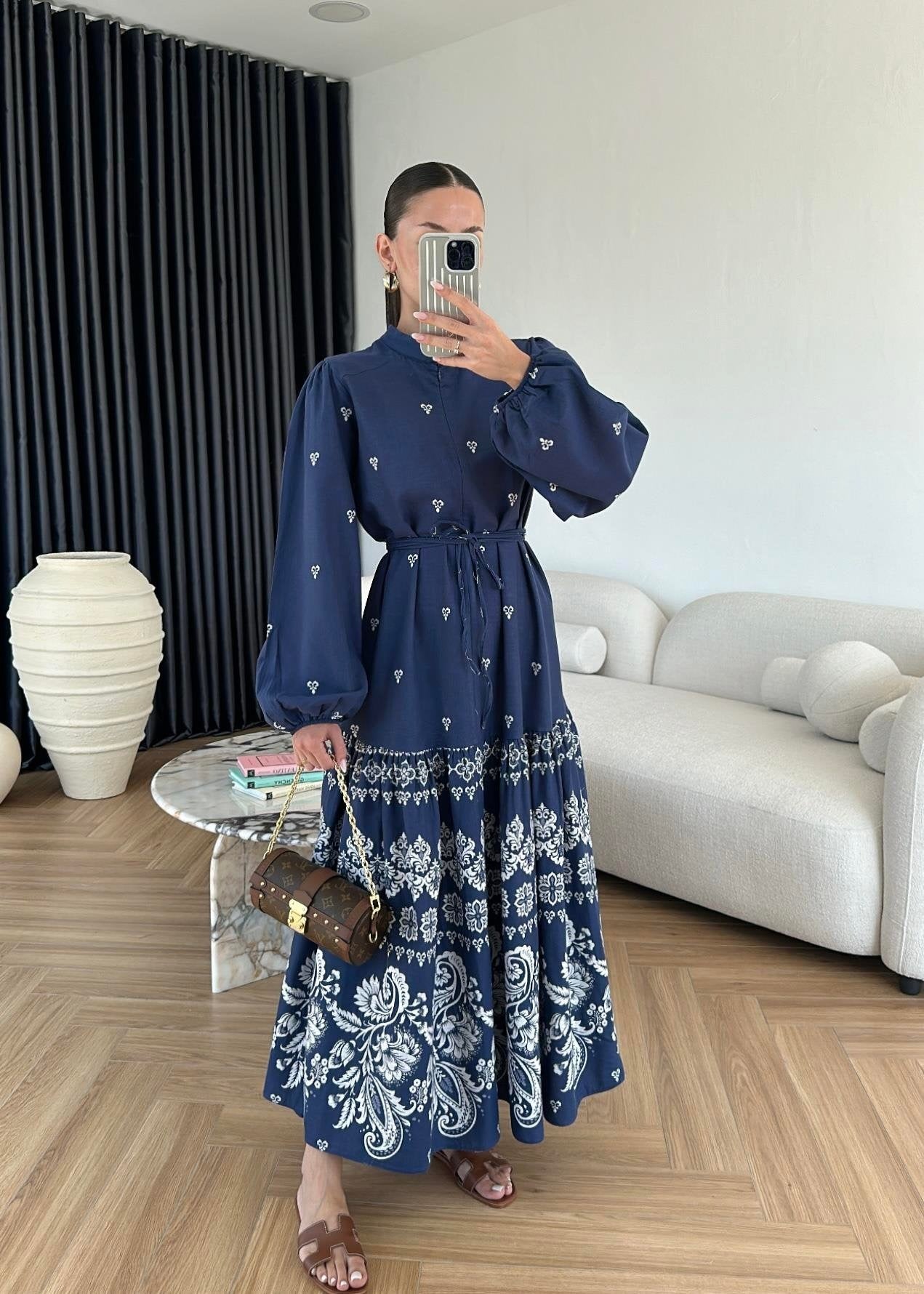 Etek Ucu Motifli Keten Elbise LACİVERT