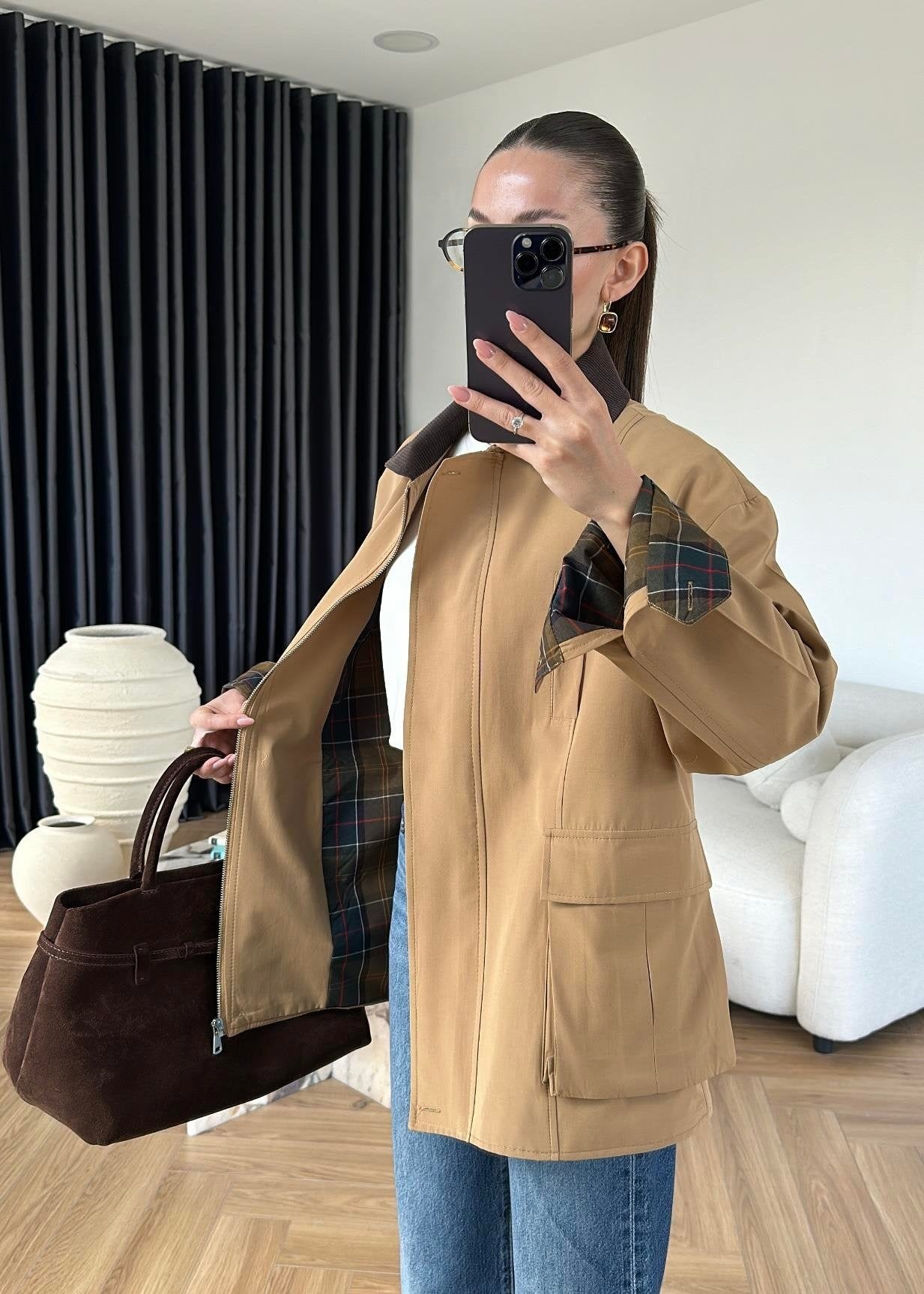 Torba Cepli Ekose Detaylı Ceket