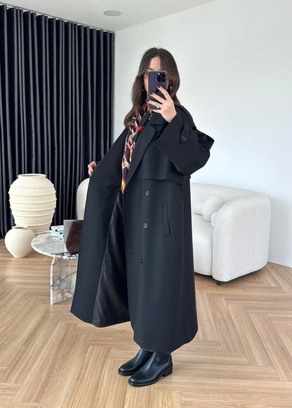 Omuzu Uzun Apoletli Trençkot SİYAH