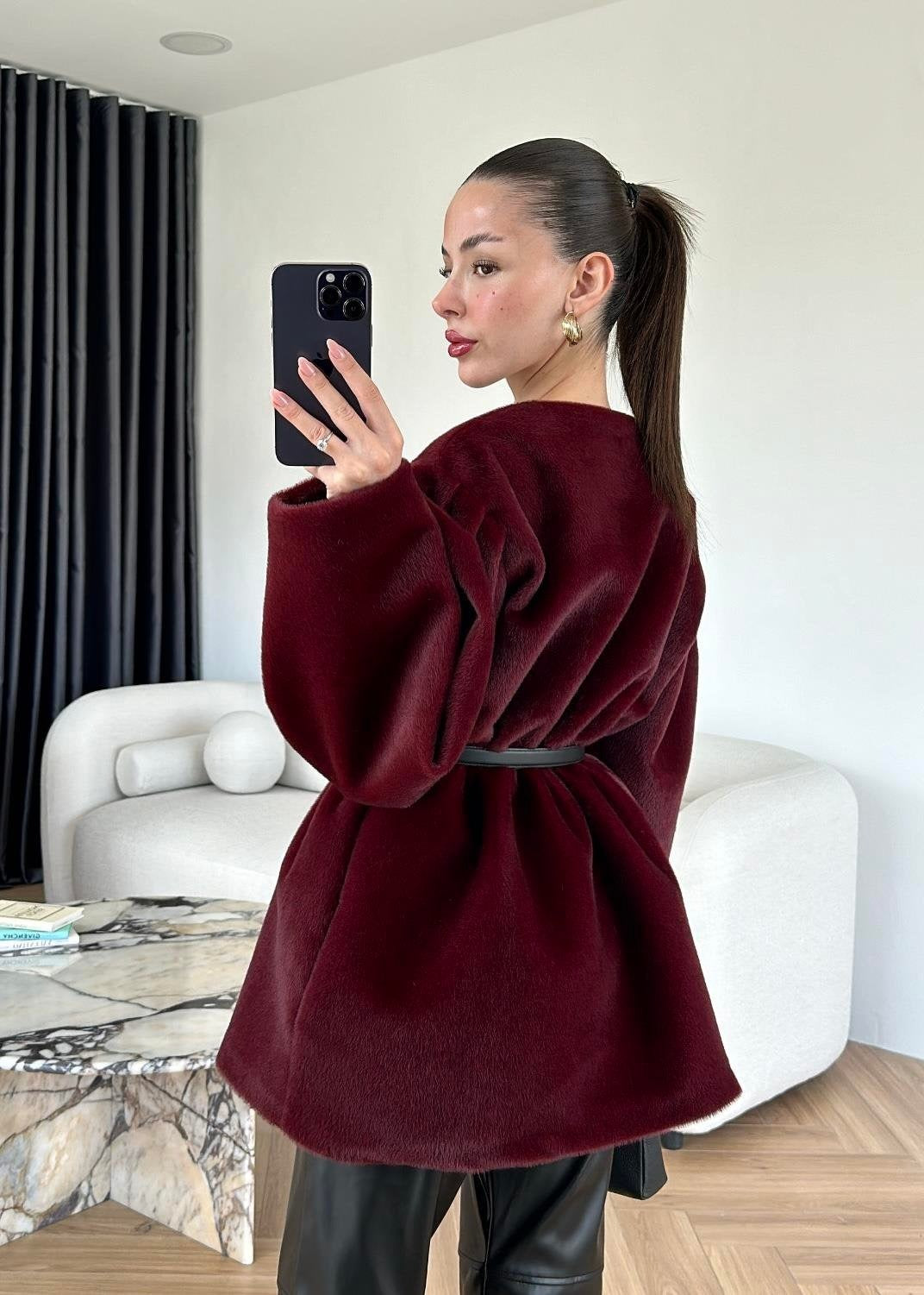 Gold Düğmeli Alpaka Kaban BORDO