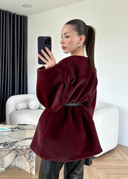 Gold Düğmeli Alpaka Kaban BORDO