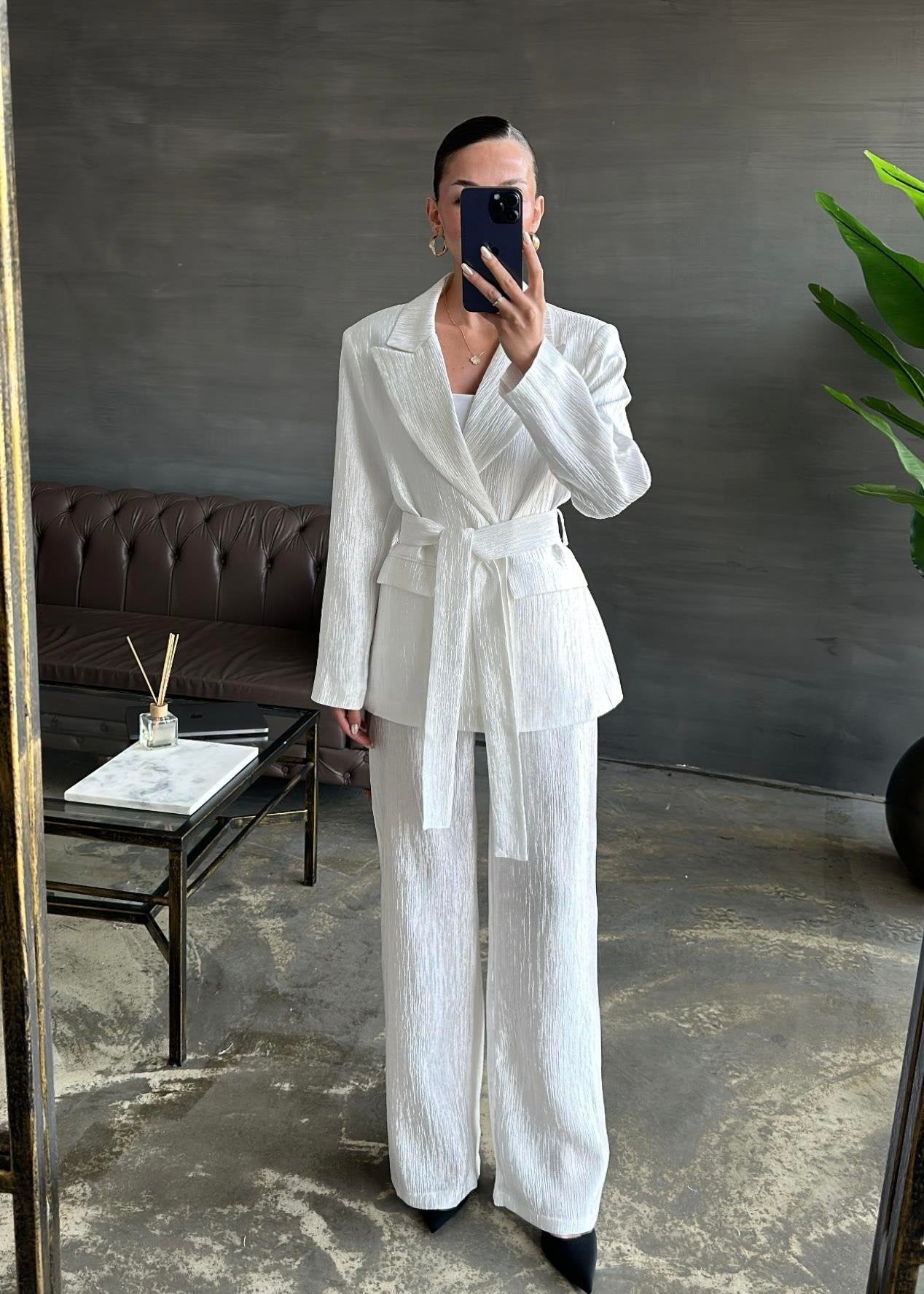 Parlak Beli Kuşaklı Takım EKRU