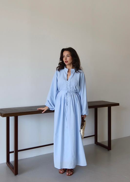 Nervürlü Pamuk Vual Elbise BEBE MAVİSİ