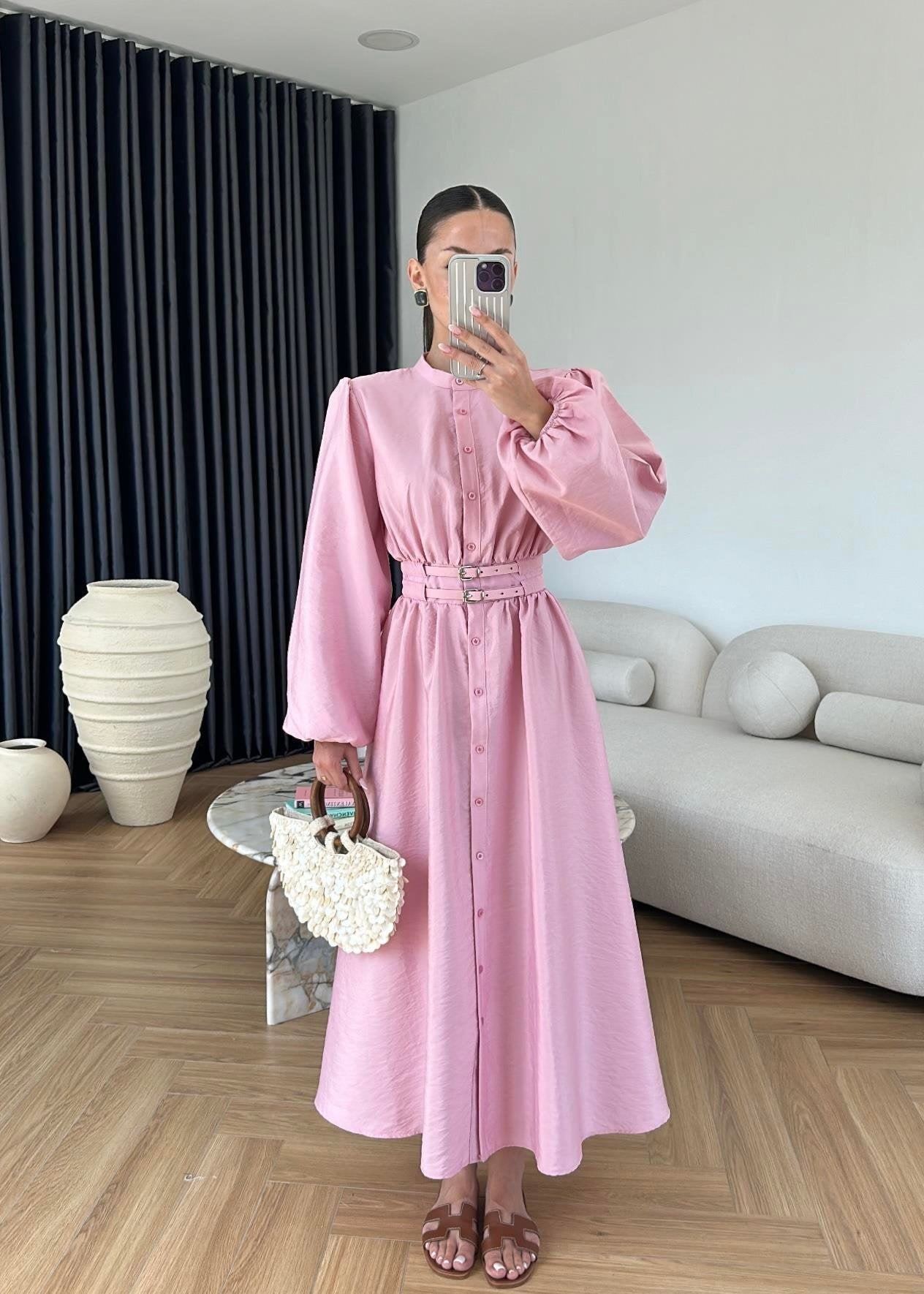 Çift Kemerli Elbise PUDRA PEMBE