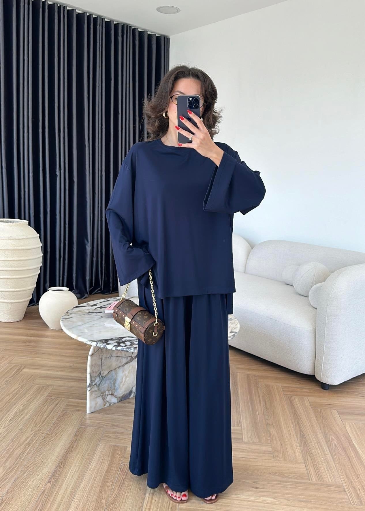 Modal Geniş Paçalı Takım Lacivert