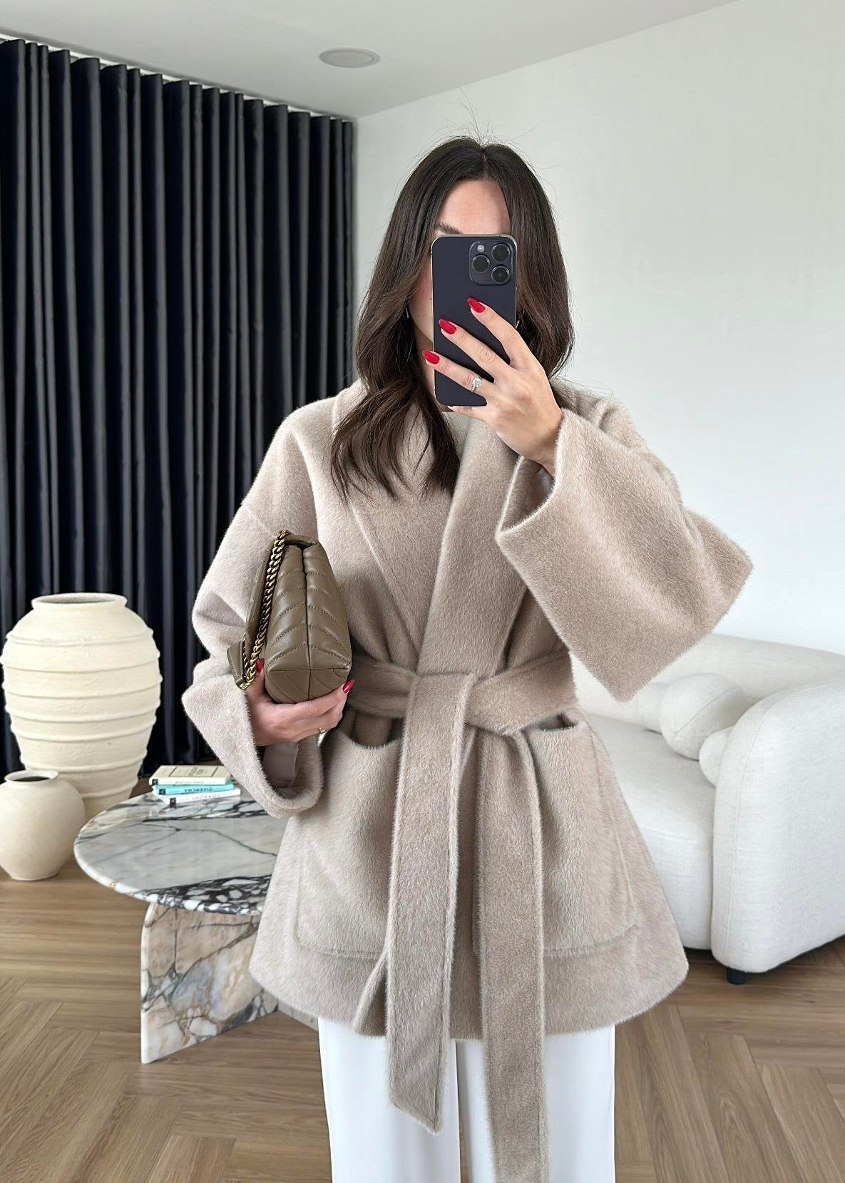 Yakalı Cepli Alpaka Ceket BEJ