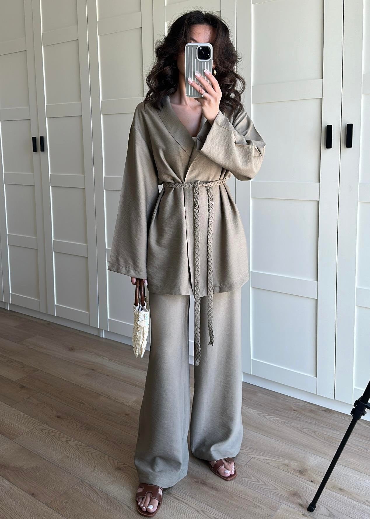 Örgü Kemerli Kimonolu Takım HAKİ