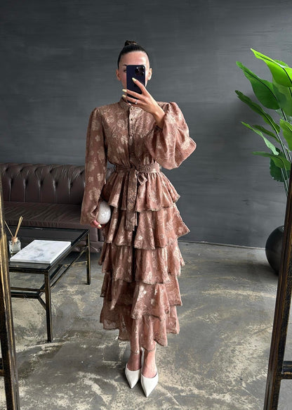Çiçek Desenli Fırfırlı Elbise KAHVERENGİ