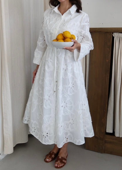 Beli Bağcıklı Brode Elbise BEYAZ