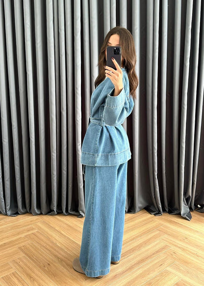 V Yakalı Denim Takım AÇIK MAVİ