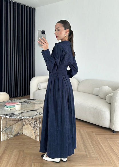 Kraşlı Beli Bağlamalı Elbise LACİVERT