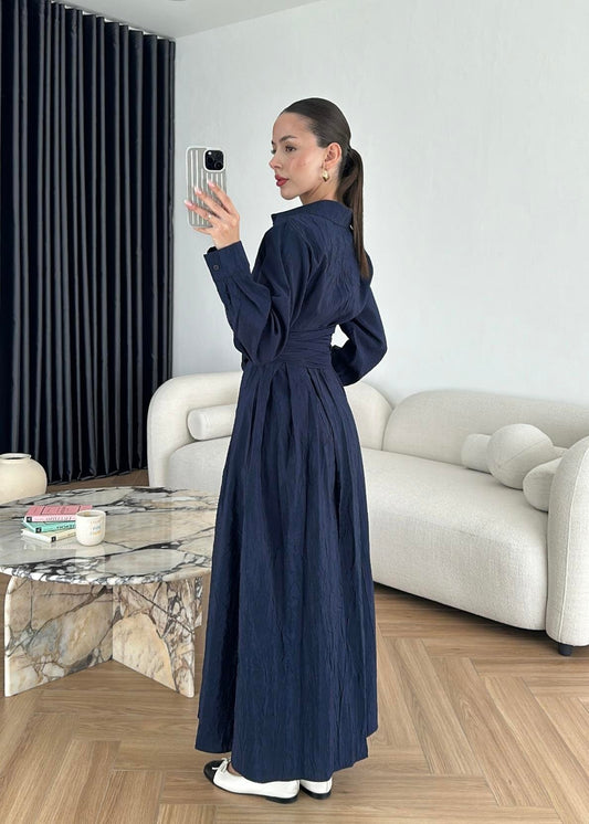 Kraşlı Beli Bağlamalı Elbise LACİVERT