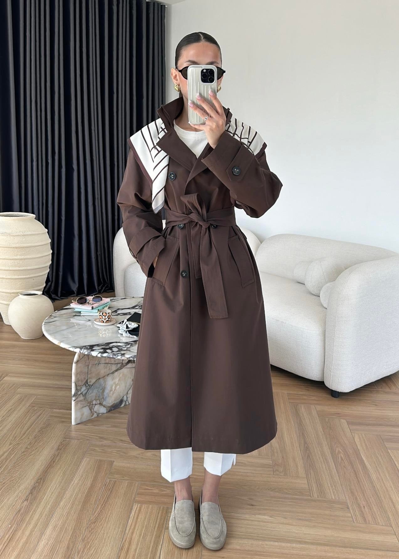 Fularlı Uzun Trençkot ACI KAHVE