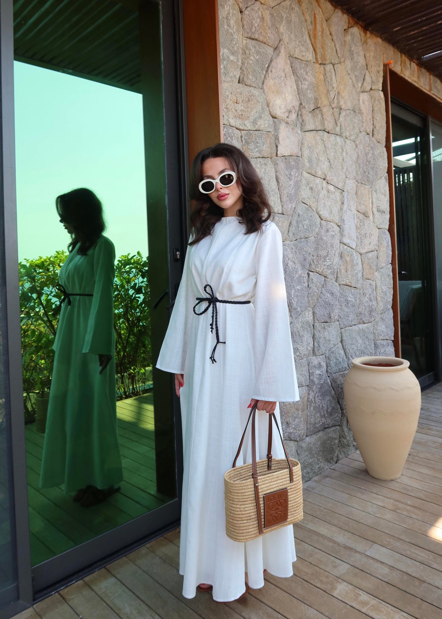 Deri Kemerli Keten Elbise Beyaz