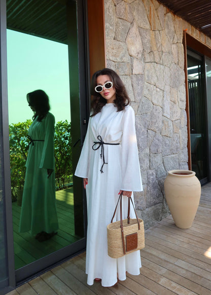 Deri Kemerli Keten Elbise Beyaz