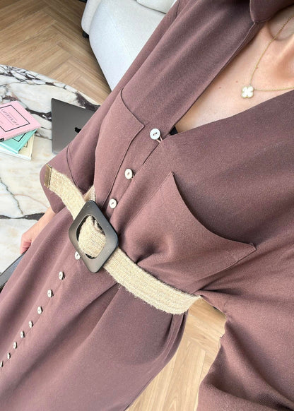 Hasır Kemerli Keten Gömlek Elbise KAHVERENGİ