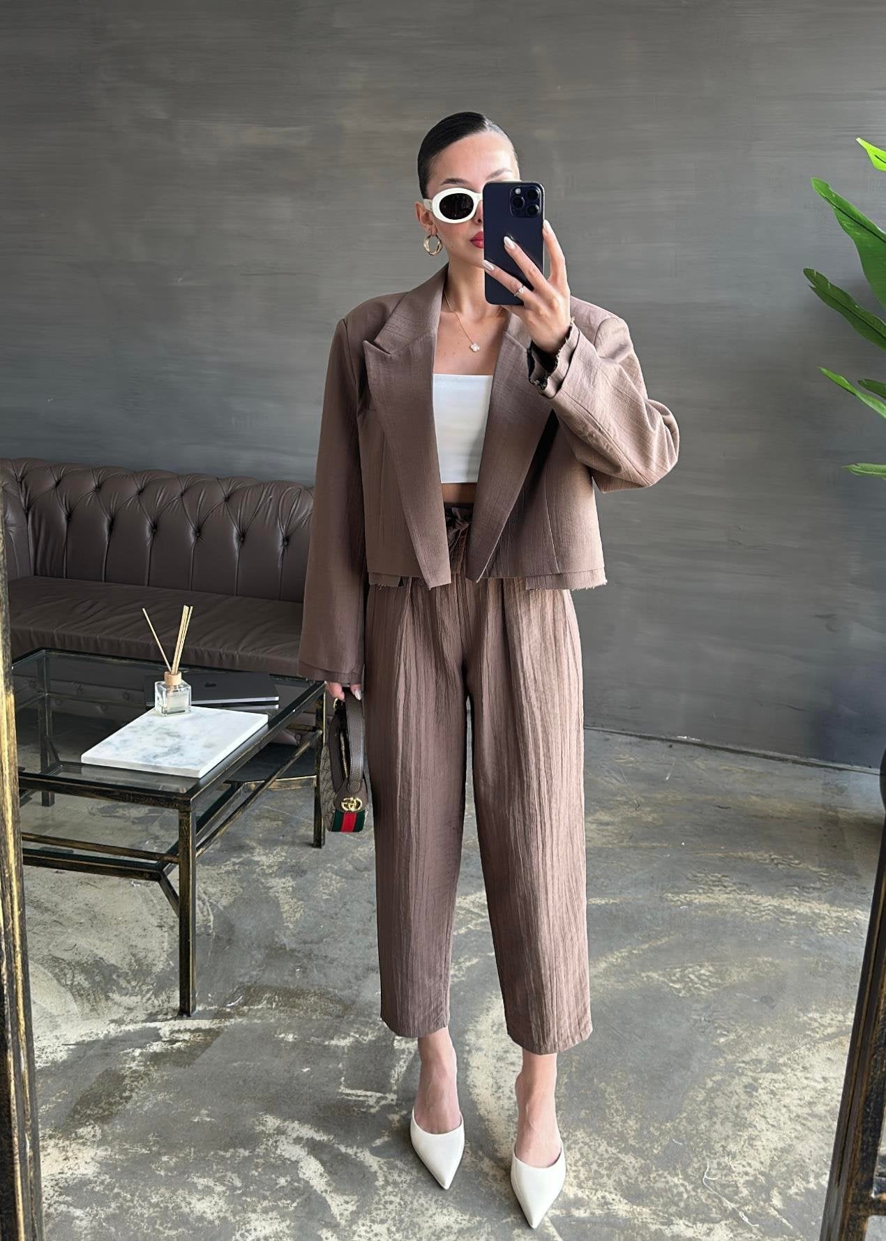 Bağlama Detaylı Crop Ceketli Takım ACI KAHVE