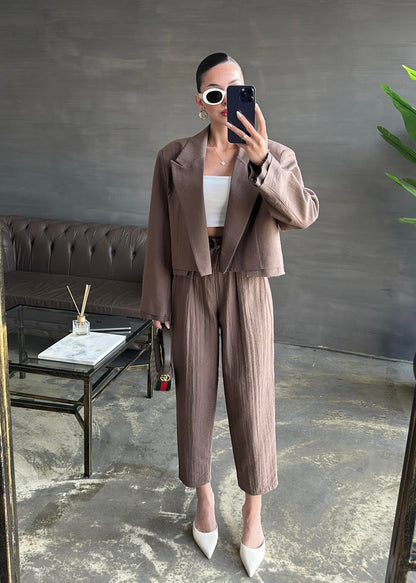 Bağlama Detaylı Crop Ceketli Takım ACI KAHVE