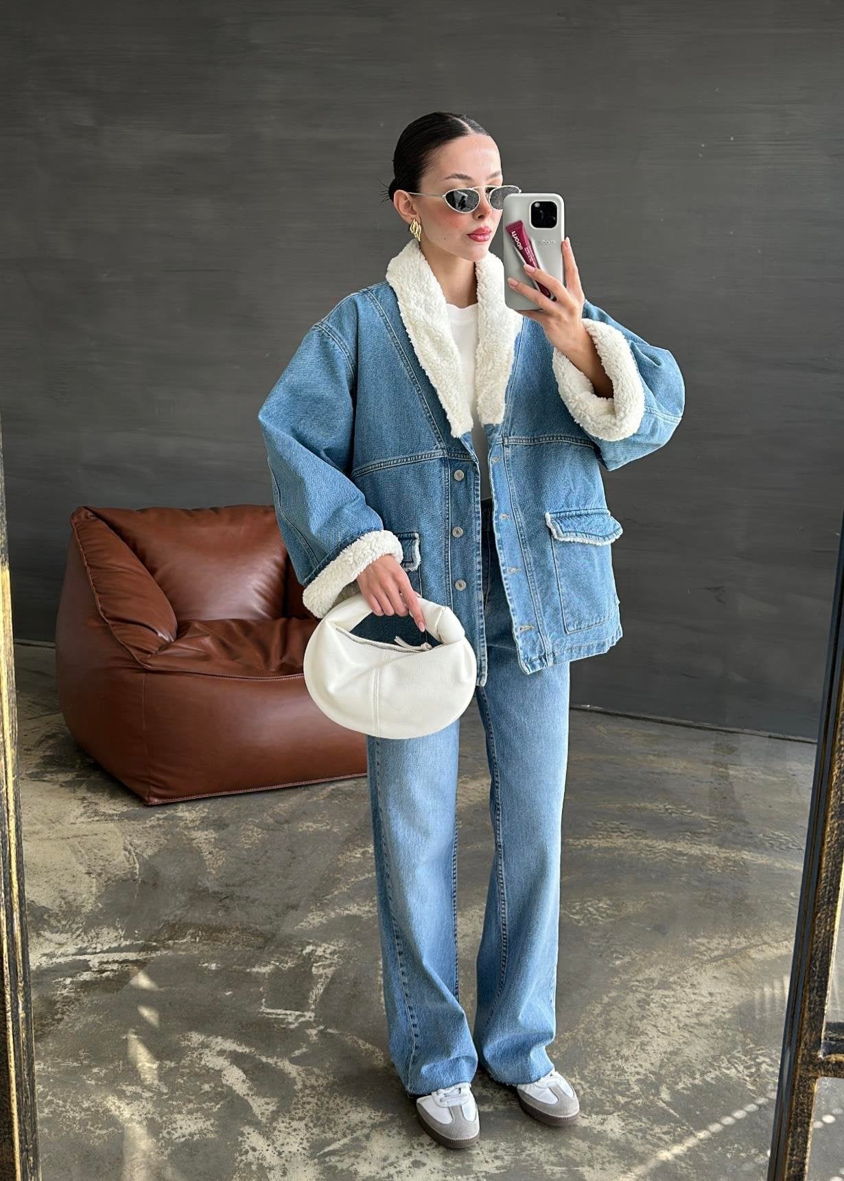 Kürk Detaylı Denim Mont MAVİ