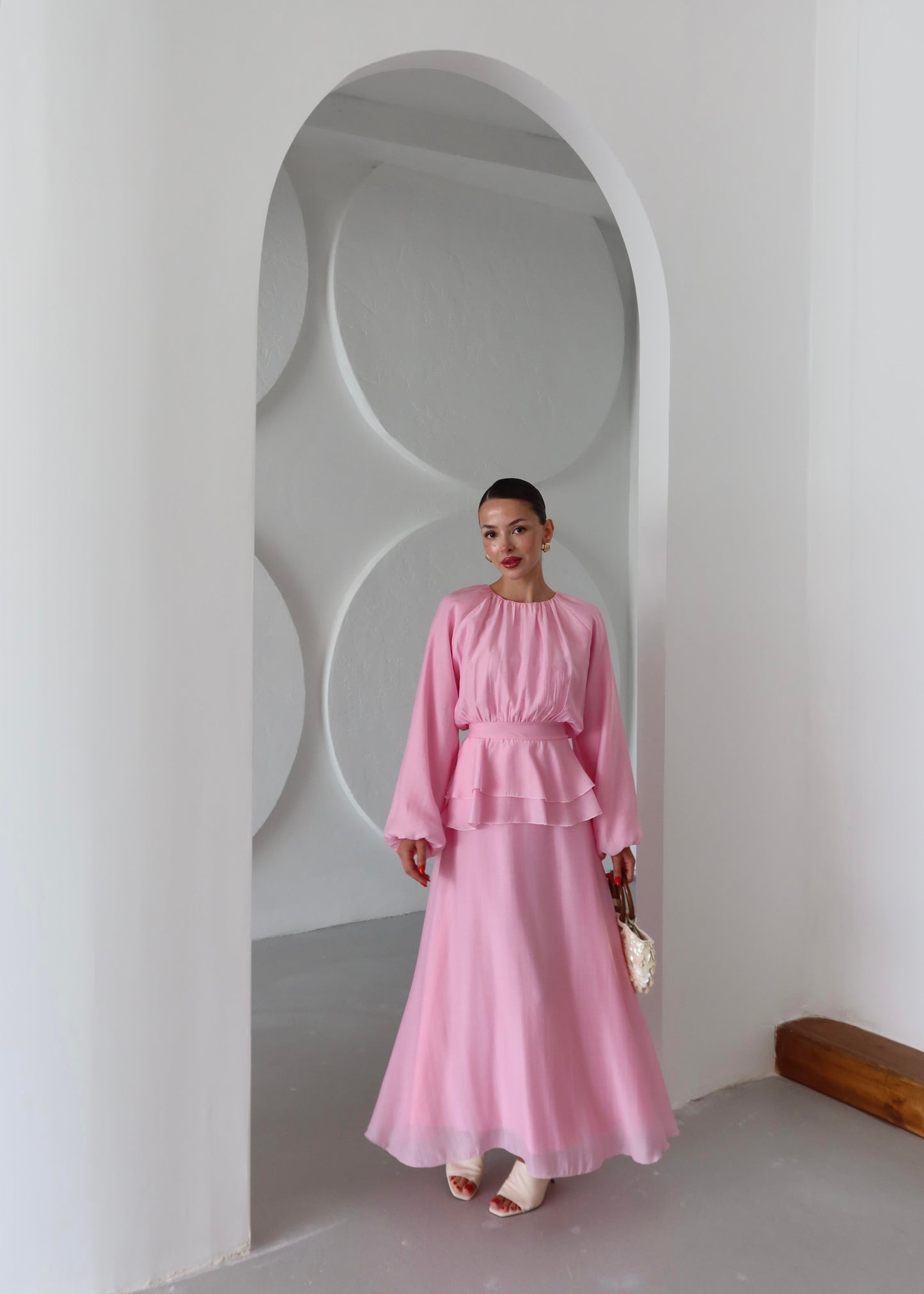 Beli Volanlı Elbise PEMBE