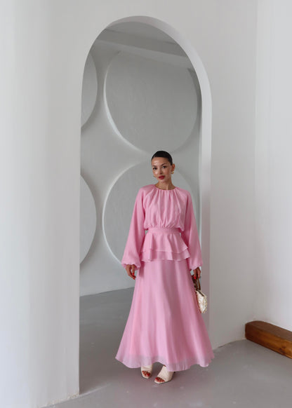 Beli Volanlı Elbise PEMBE