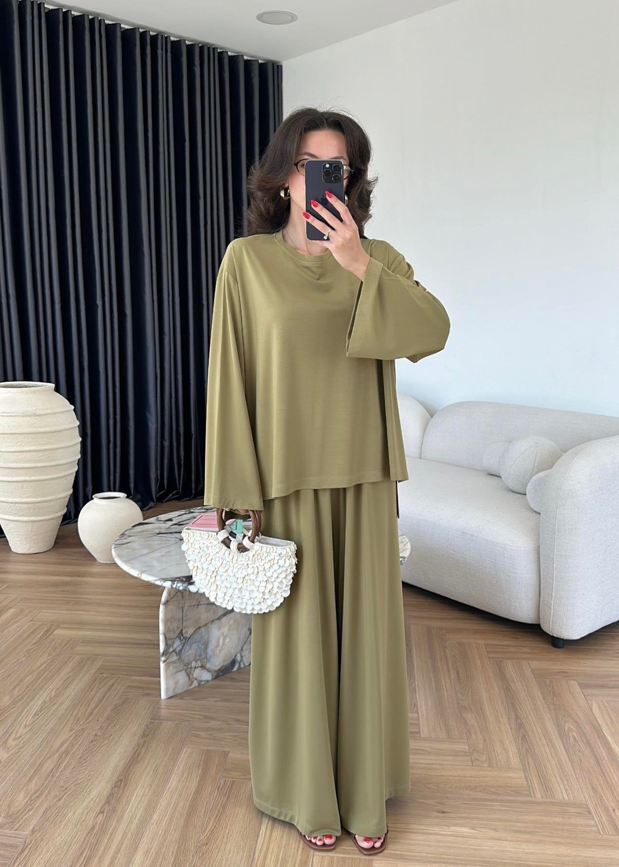 Modal Geniş Paçalı Takım FISTIK YEŞİL