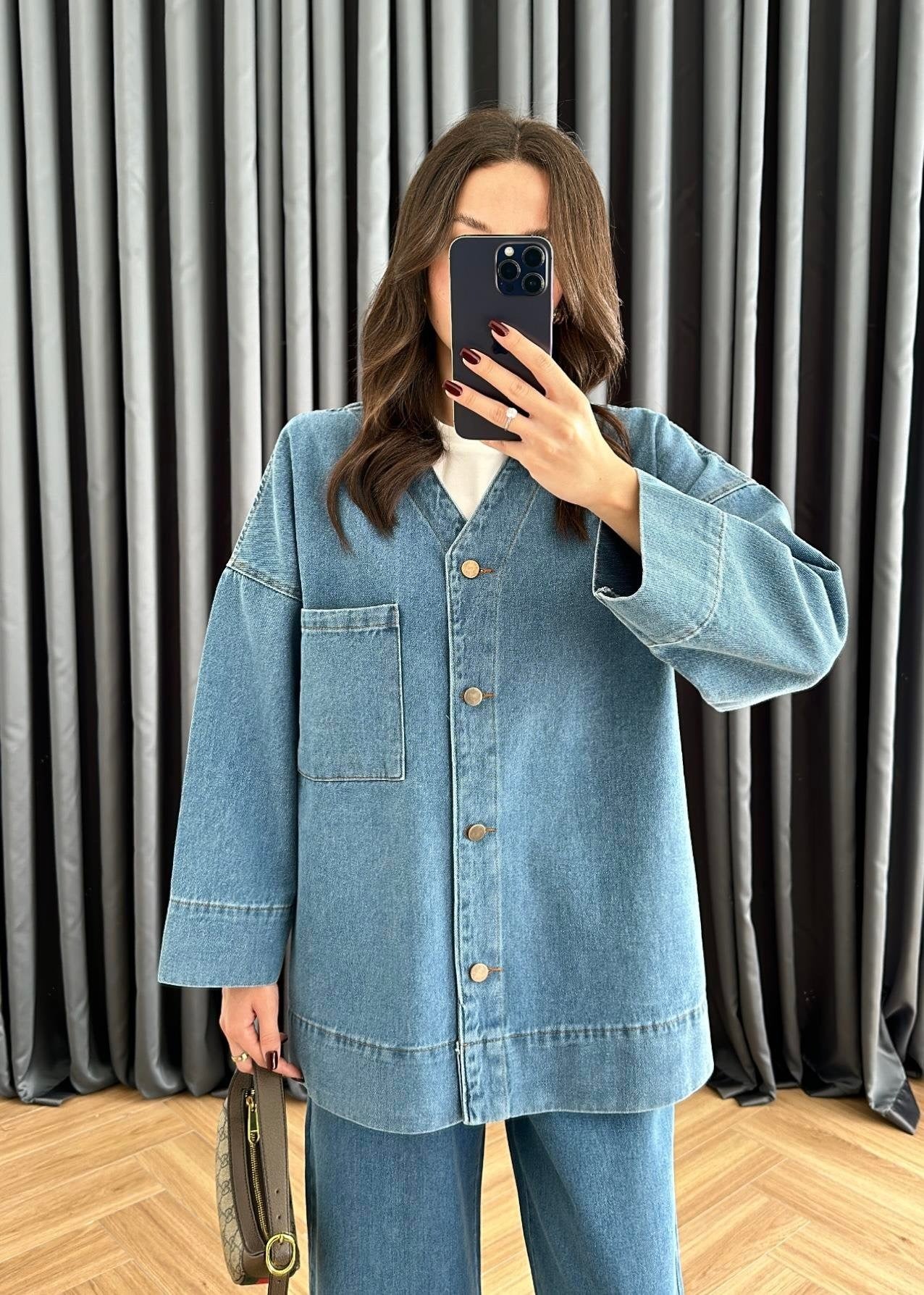 V Yakalı Denim Takım AÇIK MAVİ