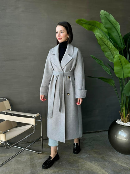 Kelebek Yakalı Uzun Kaban AÇIK GRİ