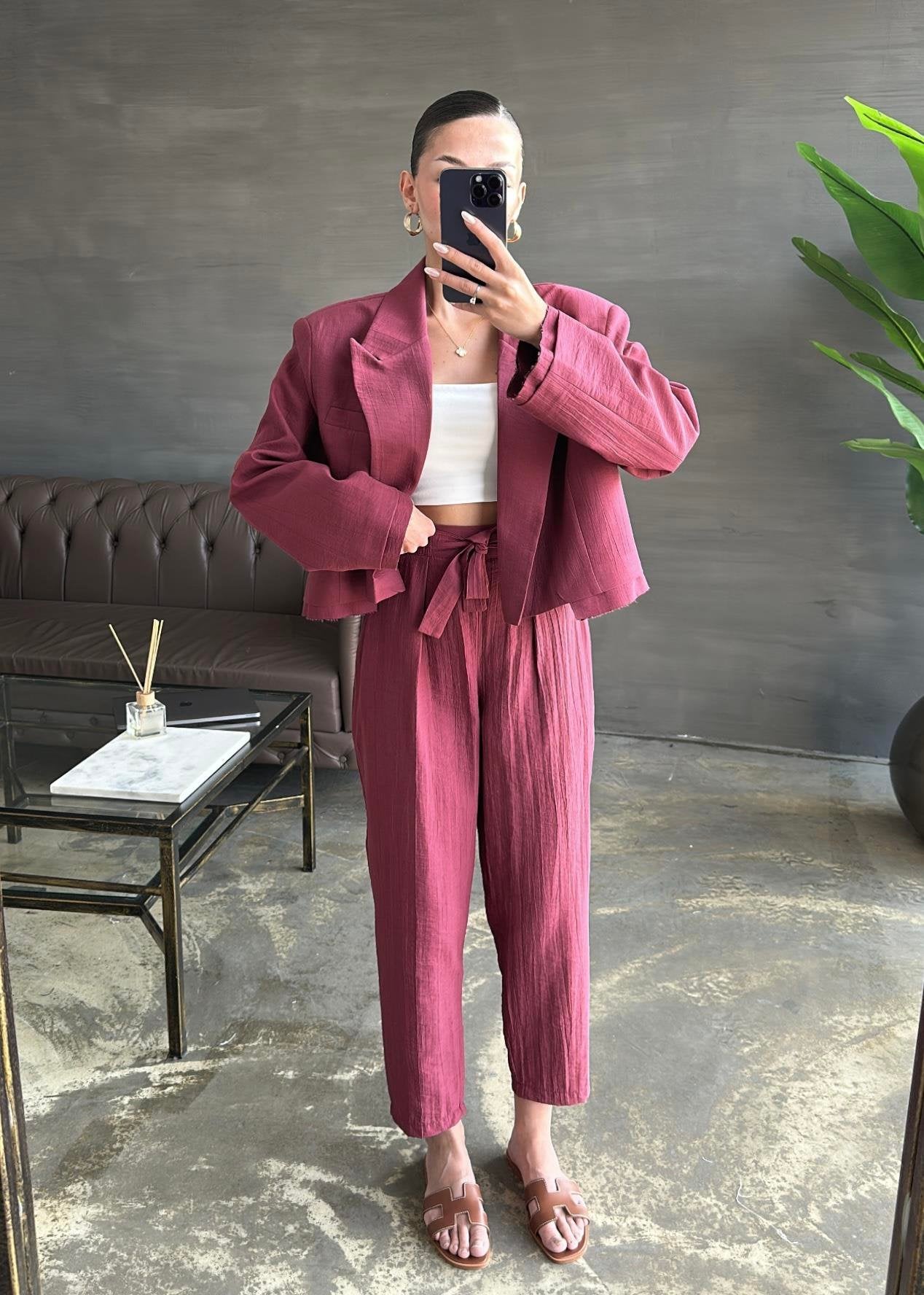 Bağlama Detaylı Crop Ceketli Takım BORDO